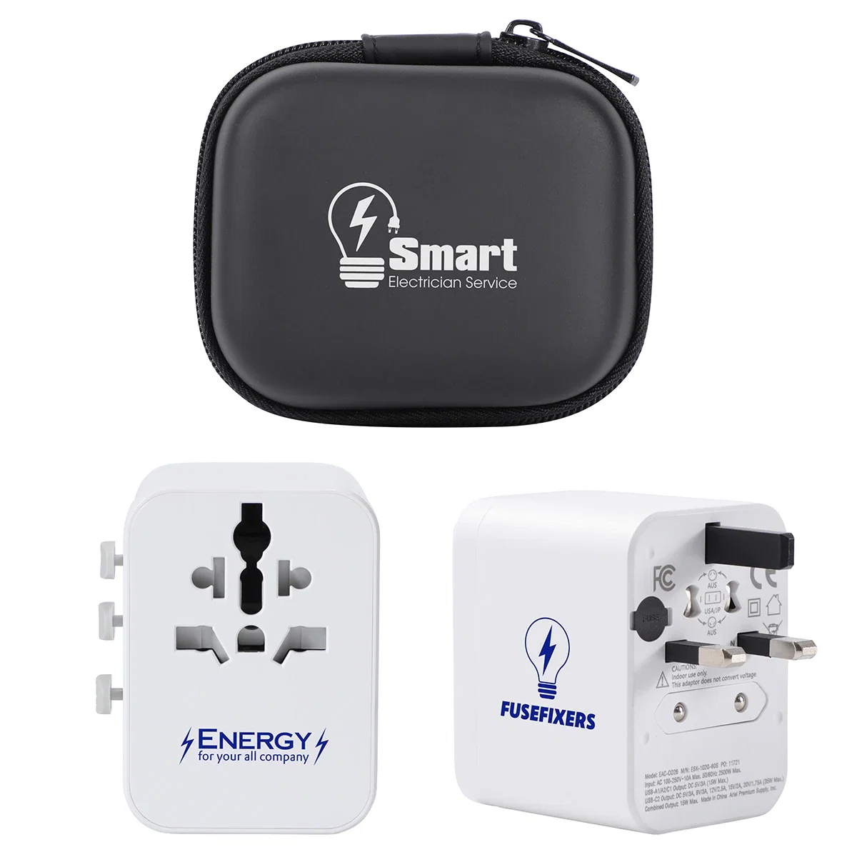 Custom Concierge 35W PD 4-Port Universal Travel Adapter, front view of the branded travel adapter