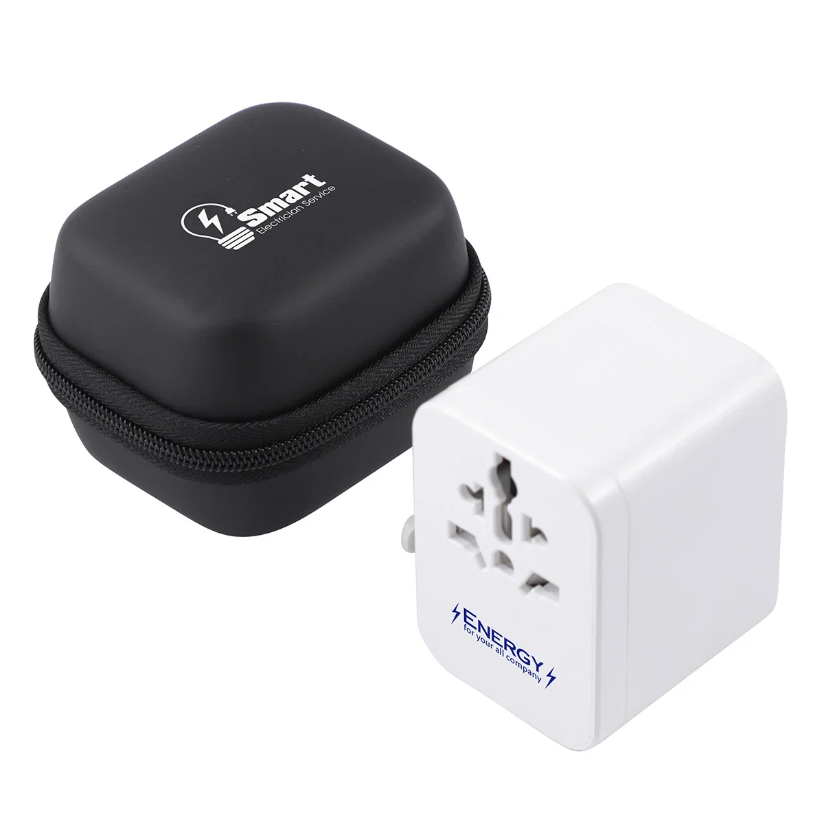 Close-up of the custom logo imprint area on the Concierge Travel Adapter