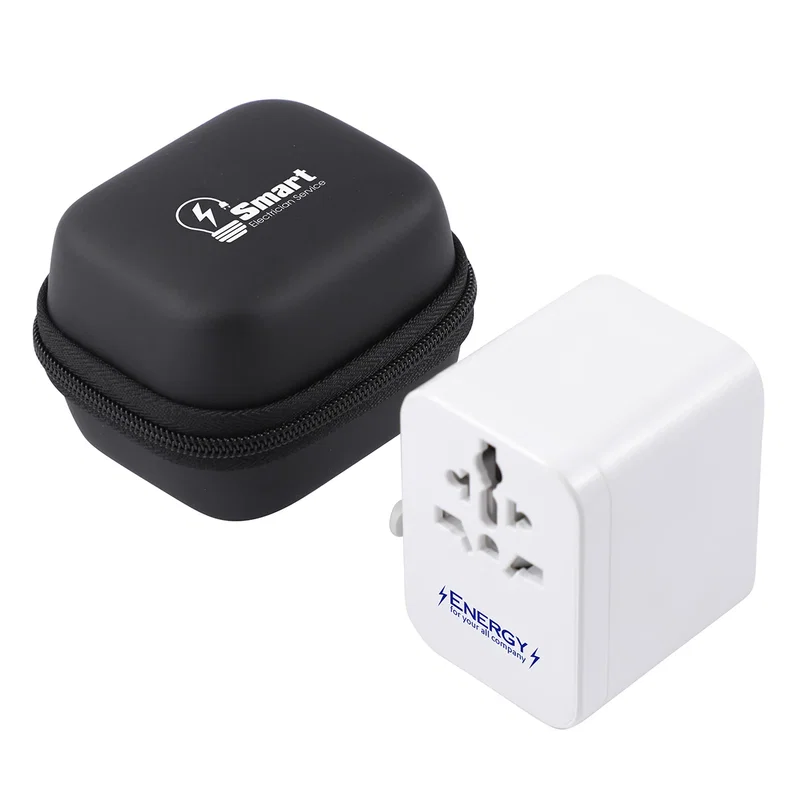 Close-up of the custom logo imprint area on the Concierge Travel Adapter
