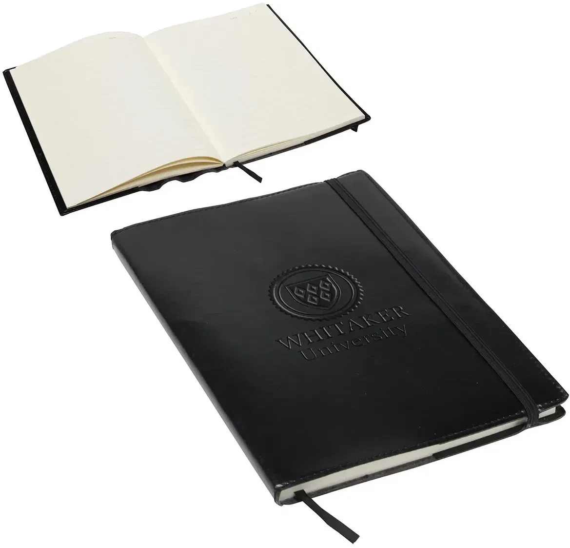 Custom branded leatherette journal, angled view of the faux leather cover