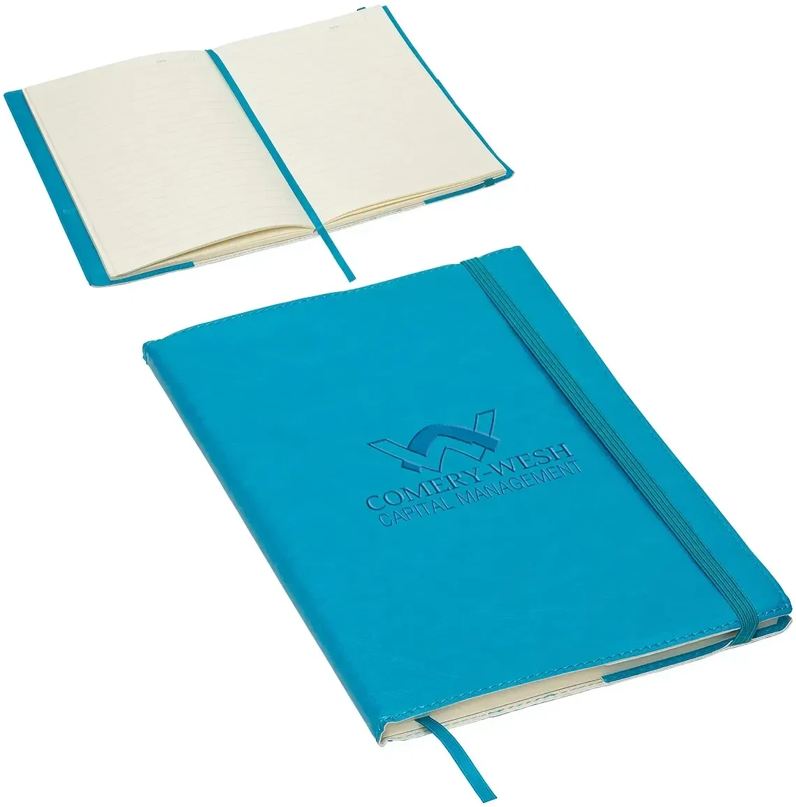 Close-up of logo imprint on promotional leatherette journal cover