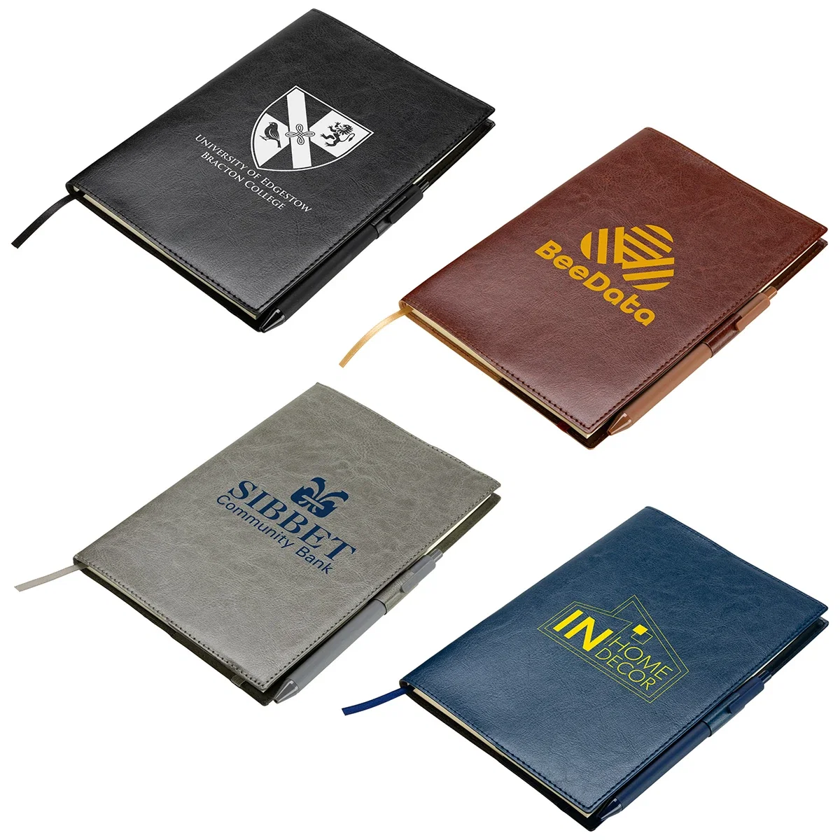 Custom Conclave Refillable Leatherette Journal, front view of the branded journal with pen