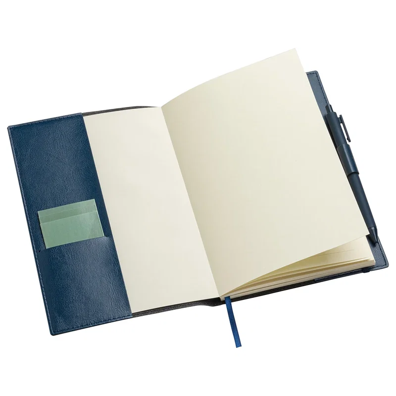 Conclave Refillable Leatherette Journal on a desk, promotional journal lifestyle shot