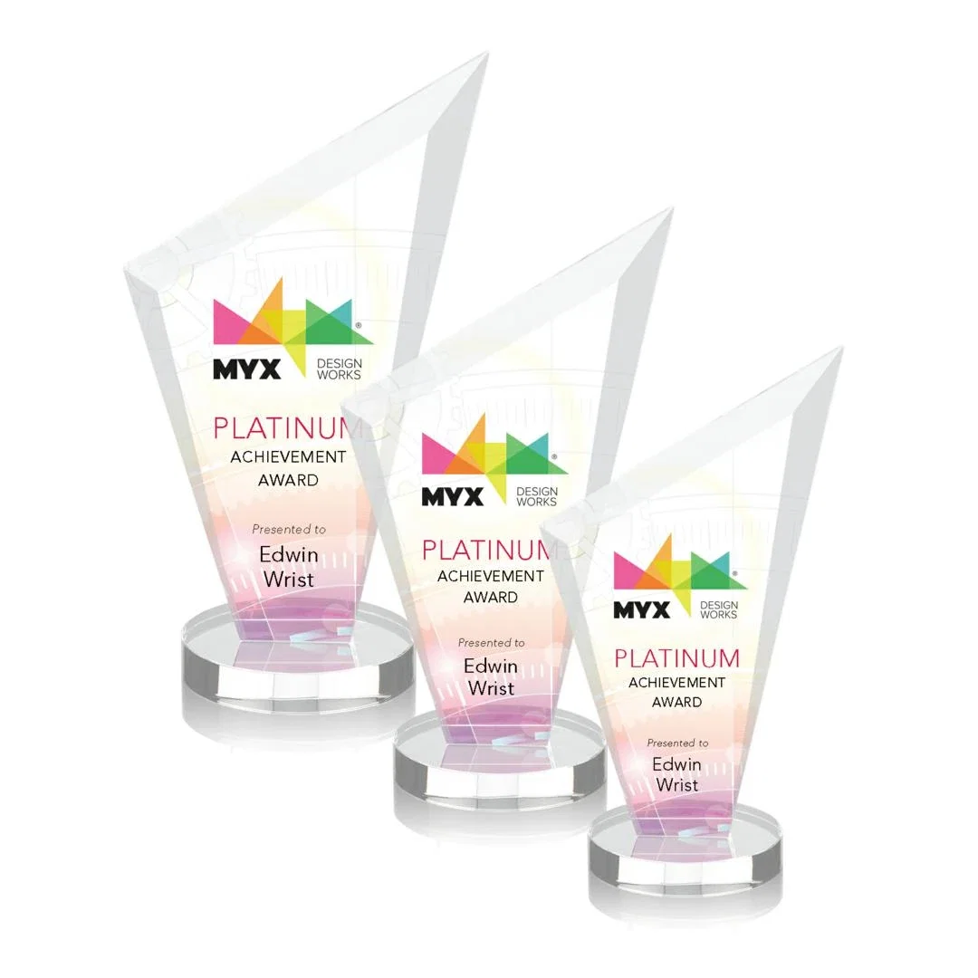 Personalized Starfire Crystal Peak Award on a Round Color-Choice Base for employee recognition