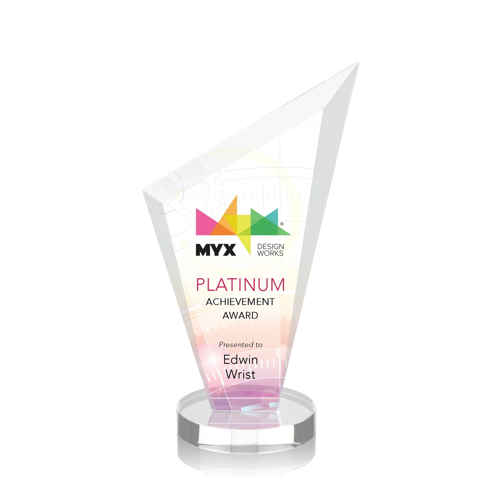 Personalized Starfire Crystal Peak Award on a Round Color-Choice Base for corporate award ceremonies