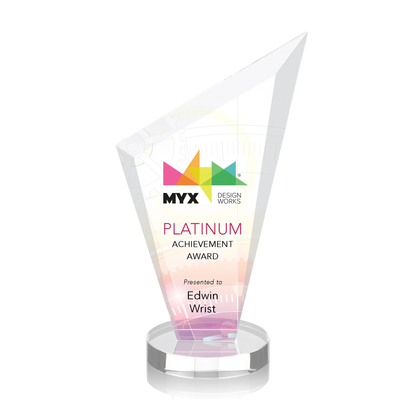 Personalized Starfire Crystal Peak Award on a Round Color-Choice Base for service anniversary gifts