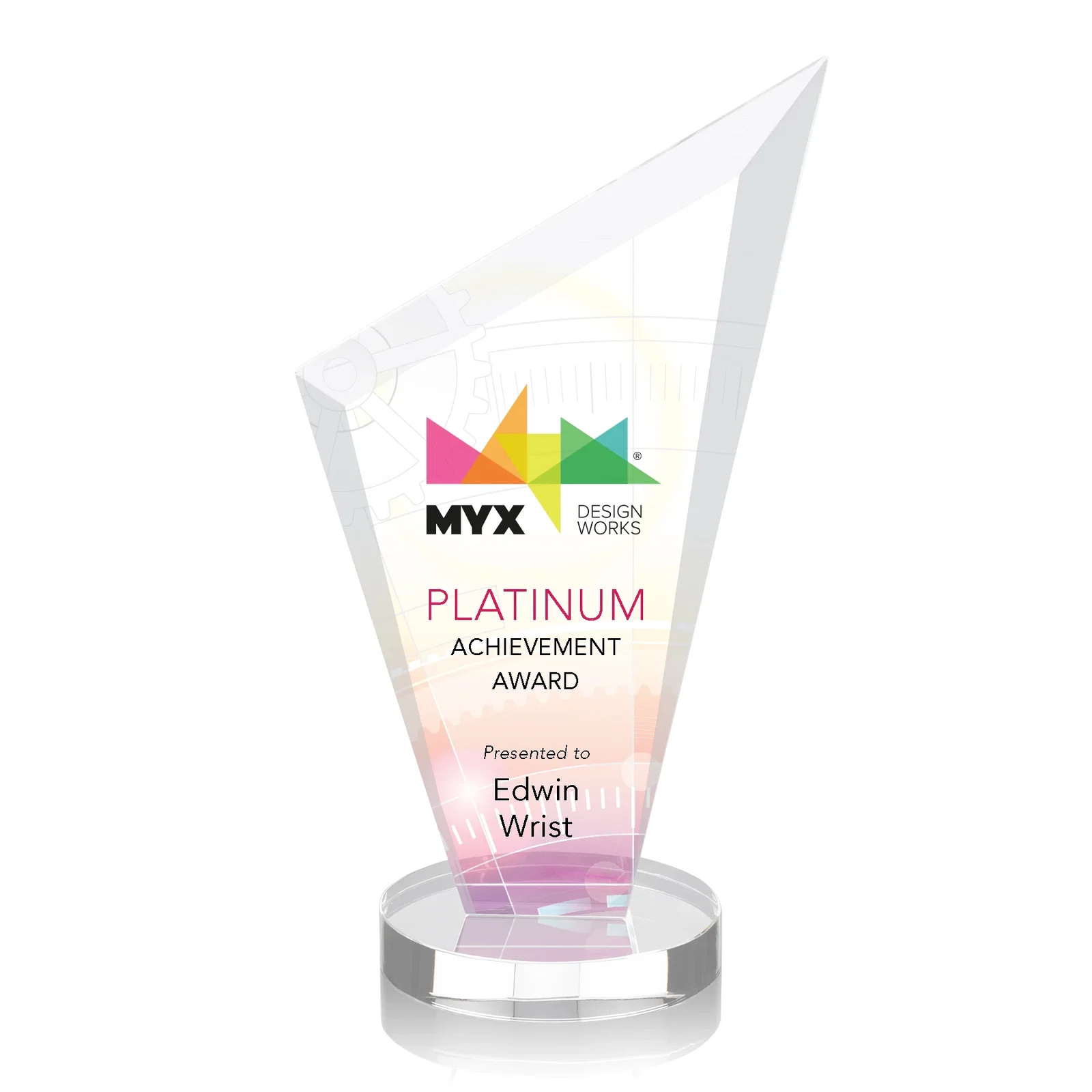 Personalized Starfire Crystal Peak Award on a Round Color-Choice Base for sales achievement awards