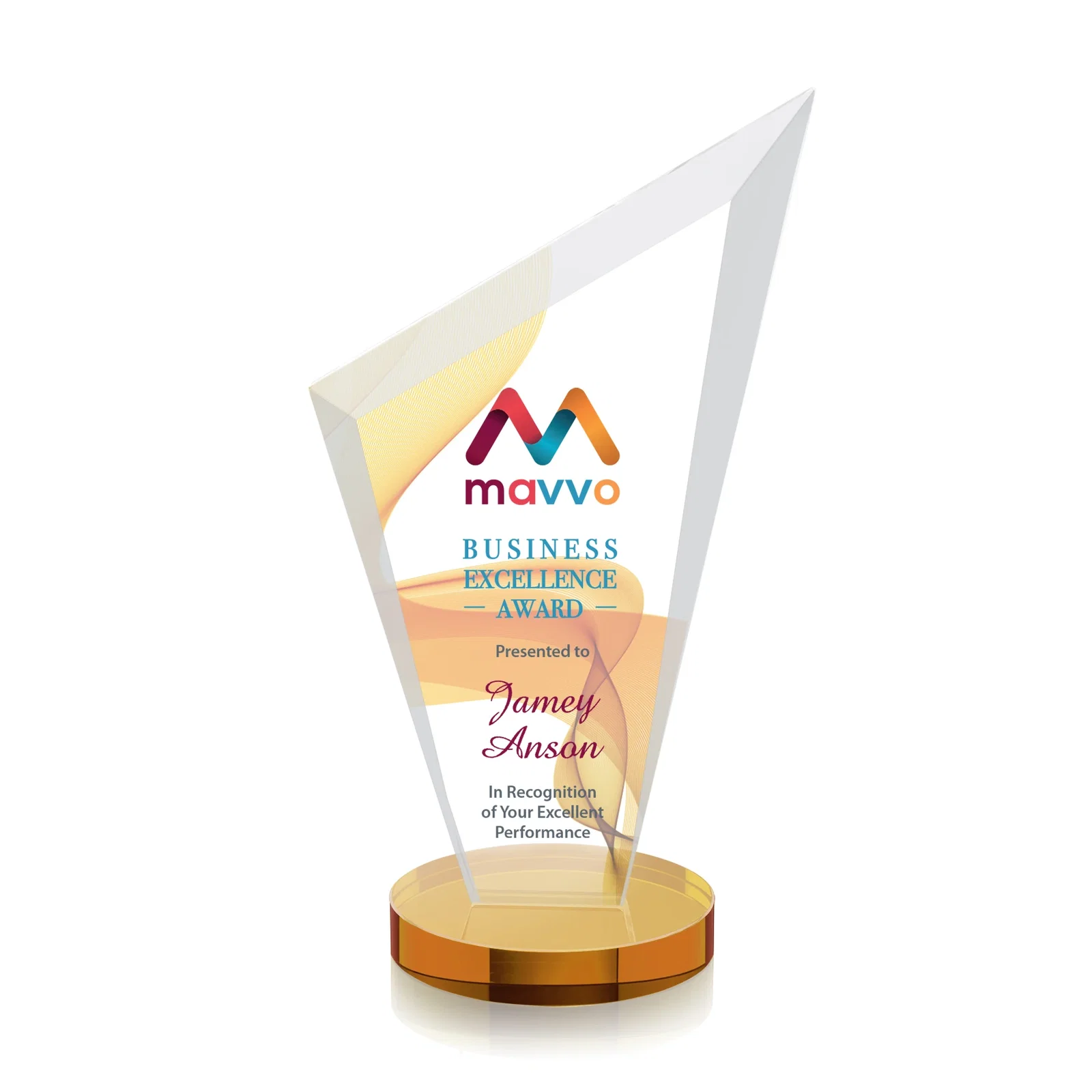 Custom printed Starfire Crystal Peak Award on a Round Color-Choice Base for service anniversary gifts