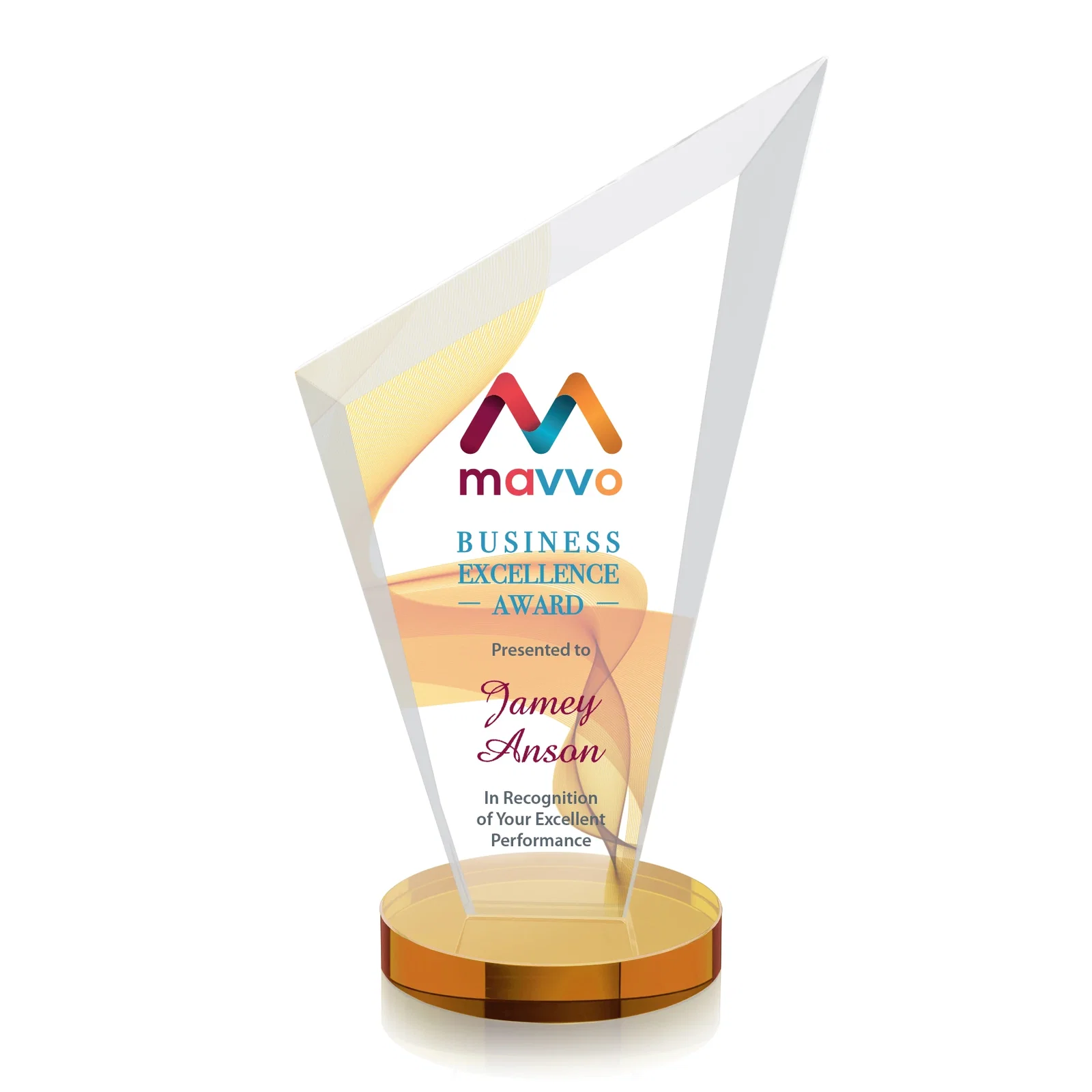 Custom printed Starfire Crystal Peak Award on a Round Color-Choice Base for sales achievement awards