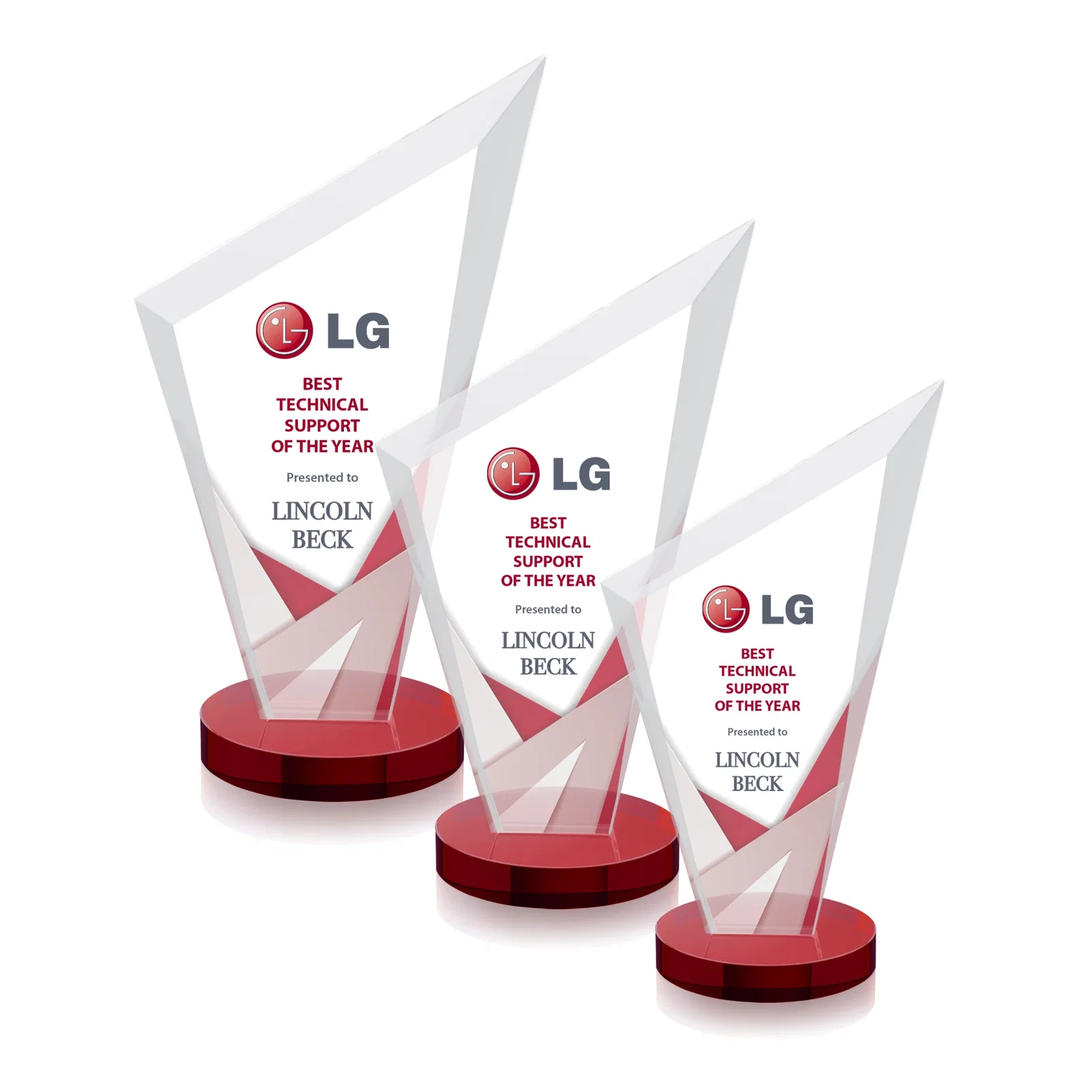 Custom printed Starfire Crystal Peak Award on a Round Color-Choice Base for retirement presentations