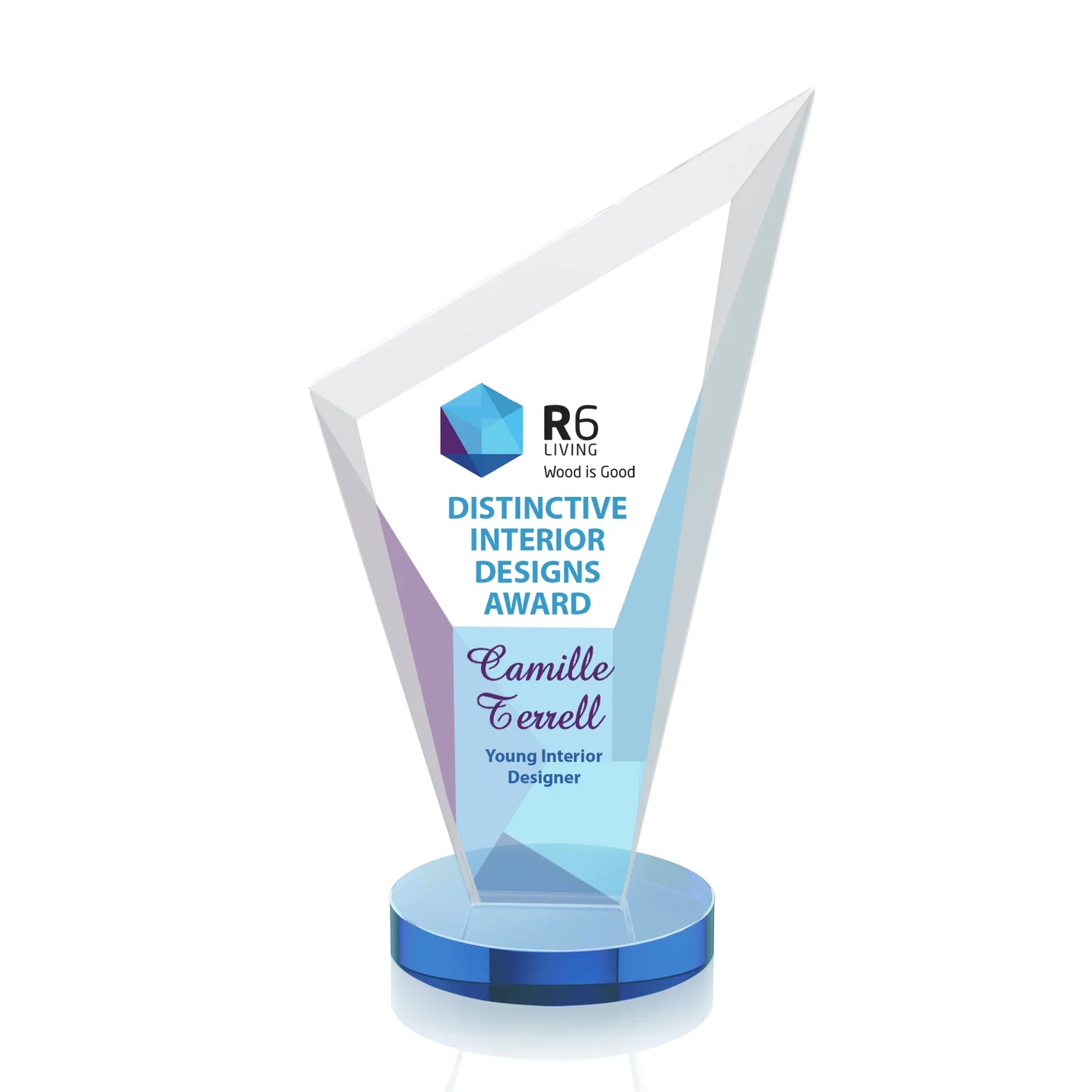 Custom printed Starfire Crystal Peak Award on a Round Color-Choice Base for dealer and partner awards