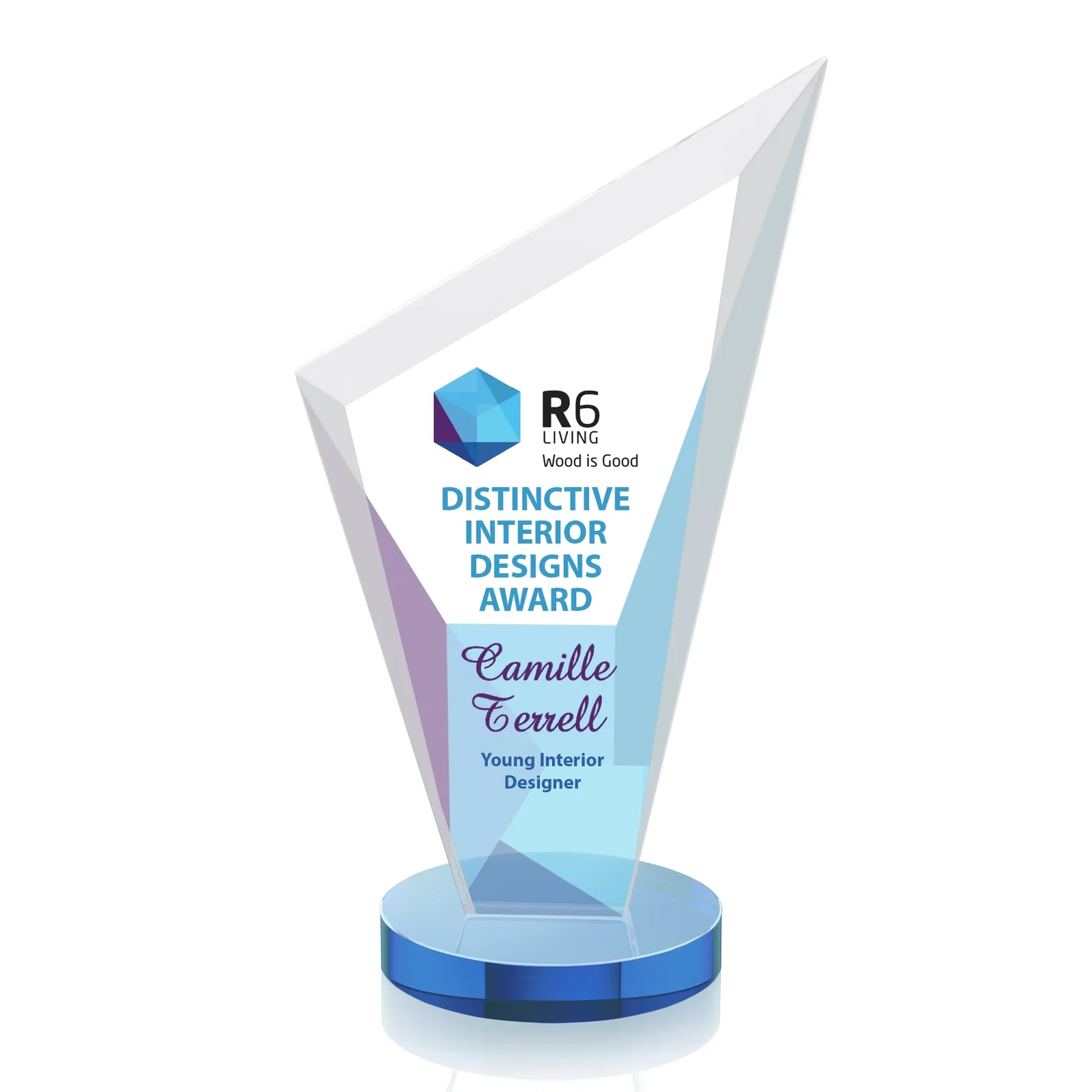 Custom printed Starfire Crystal Peak Award on a Round Color-Choice Base for company anniversary events
