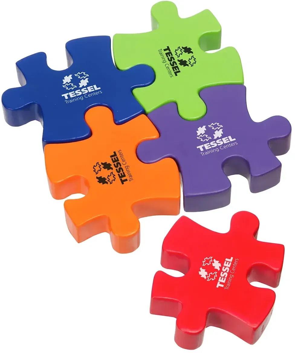 Custom Connecting Puzzle Piece Stress Reliever, interlocking promotional foam squeeze toy front view with logo