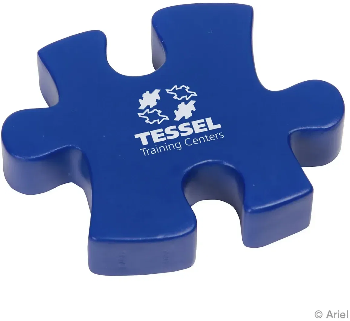 Custom Connecting Puzzle Piece Stress Reliever, close-up of promotional foam squeeze toy logo imprint