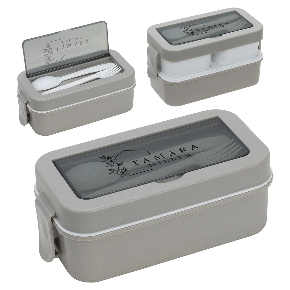 Custom Connoisseur 3-Compartment Stackable Lunch Box, front view with utensils