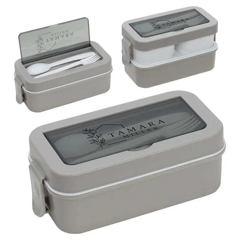 Custom Connoisseur 3-Compartment Stackable Lunch Box, front view with utensils