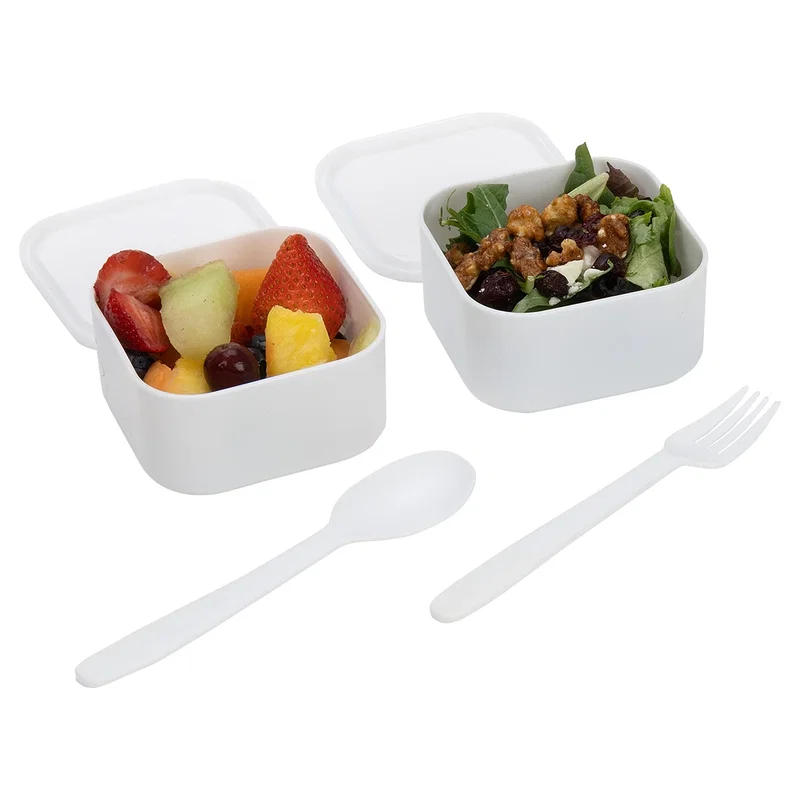 Angled view of the branded Connoisseur Stackable Lunch Box with its utensil set