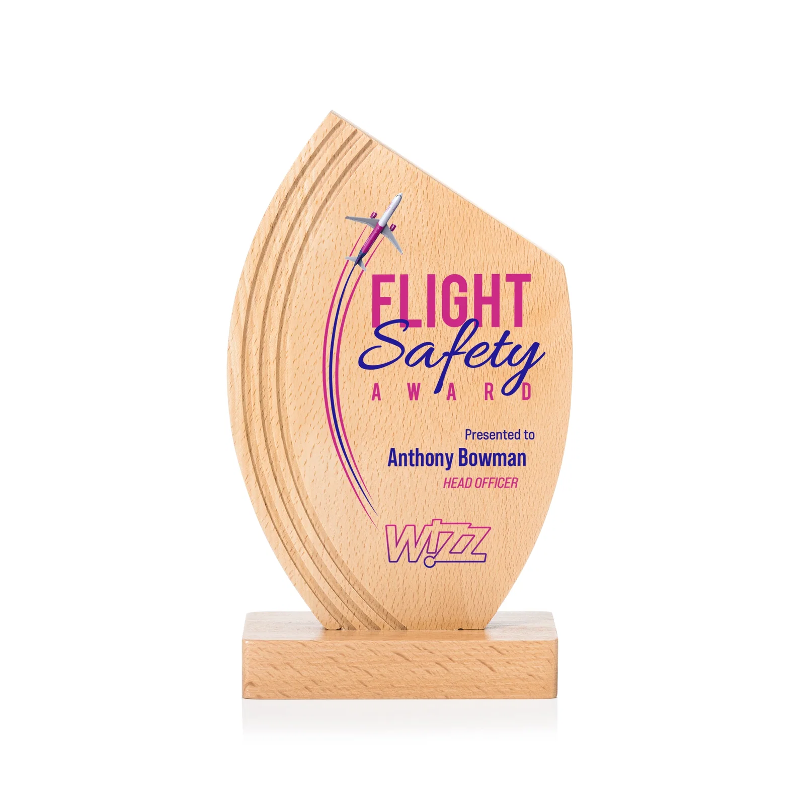 Custom Beechwood Award with Curved Grooves Toward a Right-Facing Peak for volunteer appreciation
