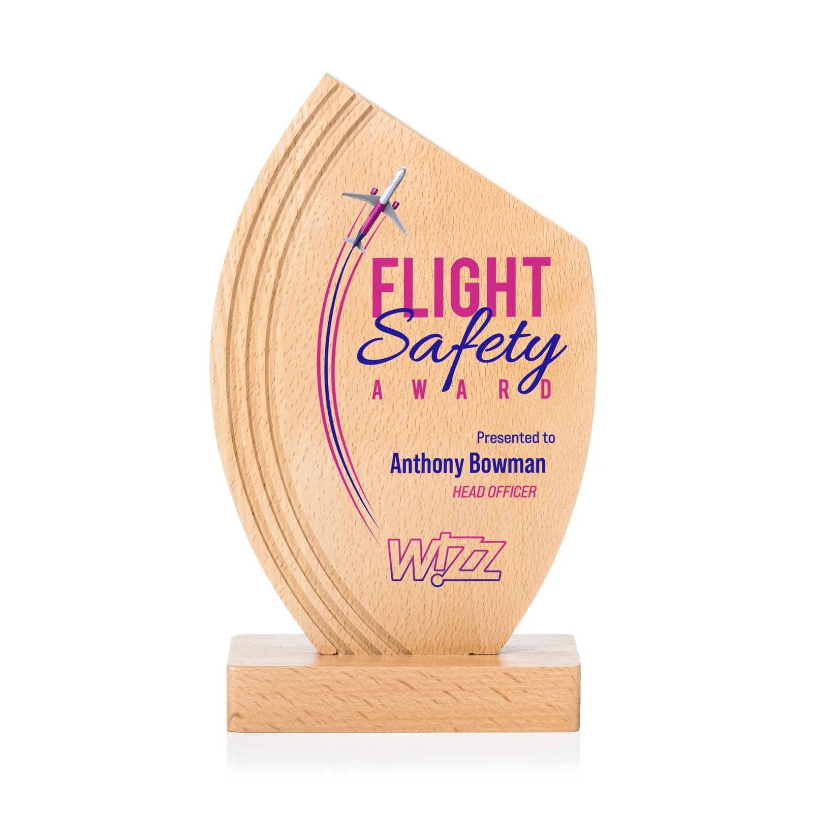 Custom Beechwood Award with Curved Grooves Toward a Right-Facing Peak for dealer and partner awards
