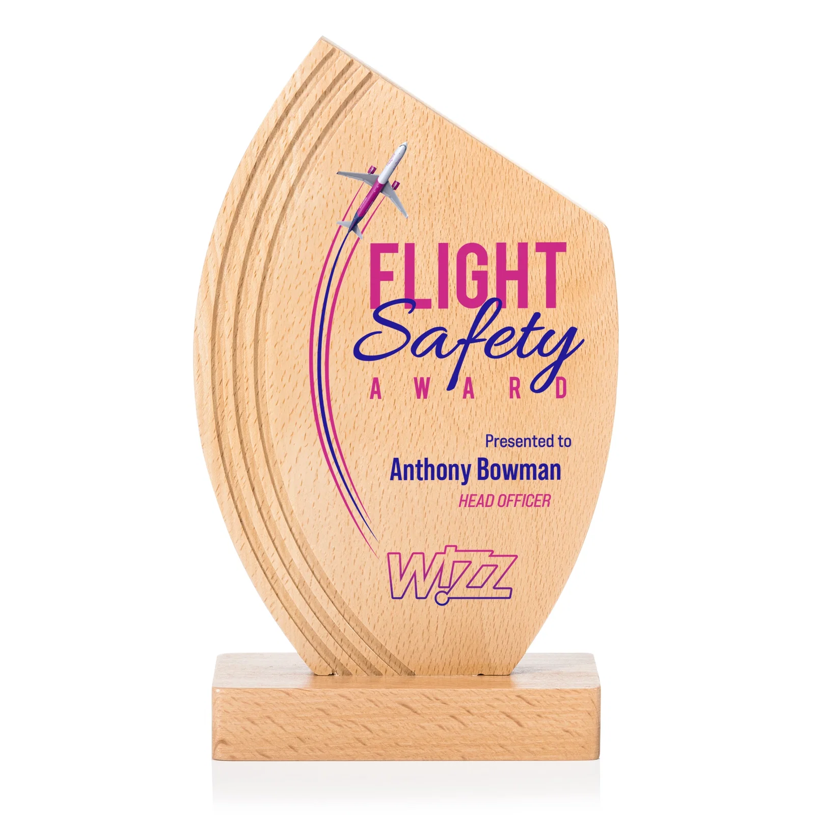 Custom Beechwood Award with Curved Grooves Toward a Right-Facing Peak for company anniversary events
