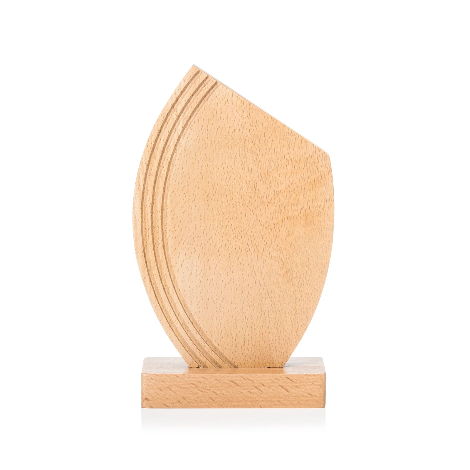 Personalized Beechwood Award with Curved Grooves Toward a Right-Facing Peak for employee recognition