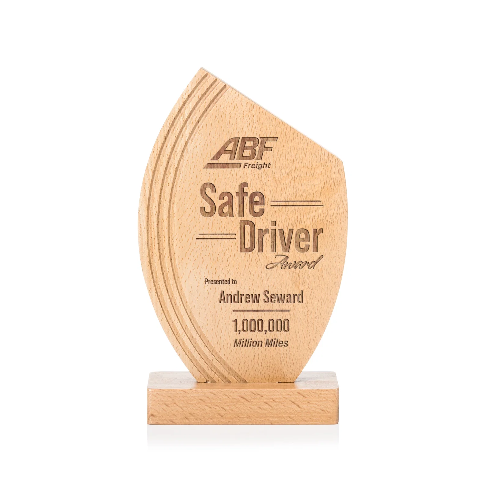 Custom Beechwood Award with Curved Grooves Toward a Right-Facing Peak for corporate award ceremonies