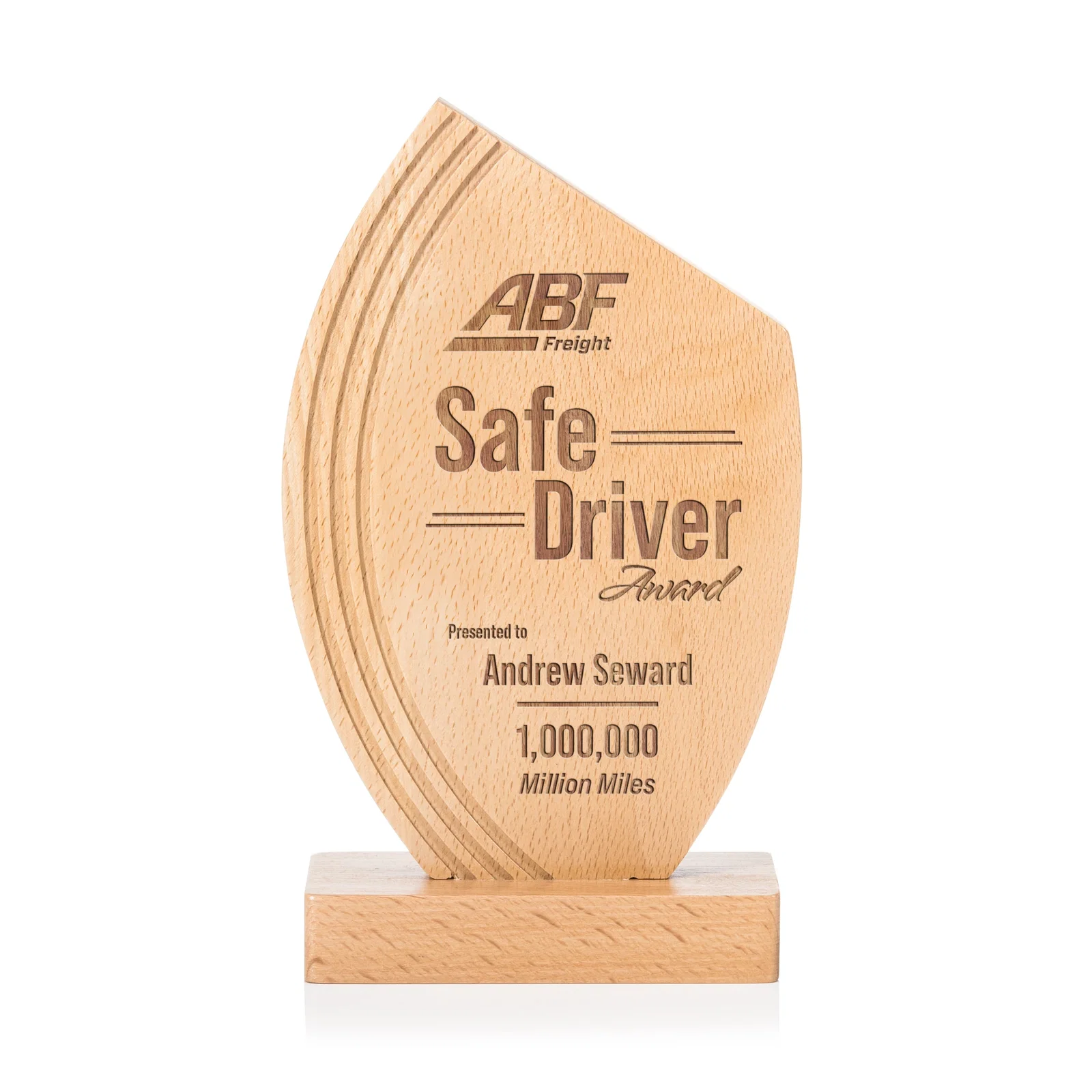 Custom Beechwood Award with Curved Grooves Toward a Right-Facing Peak for service anniversary gifts