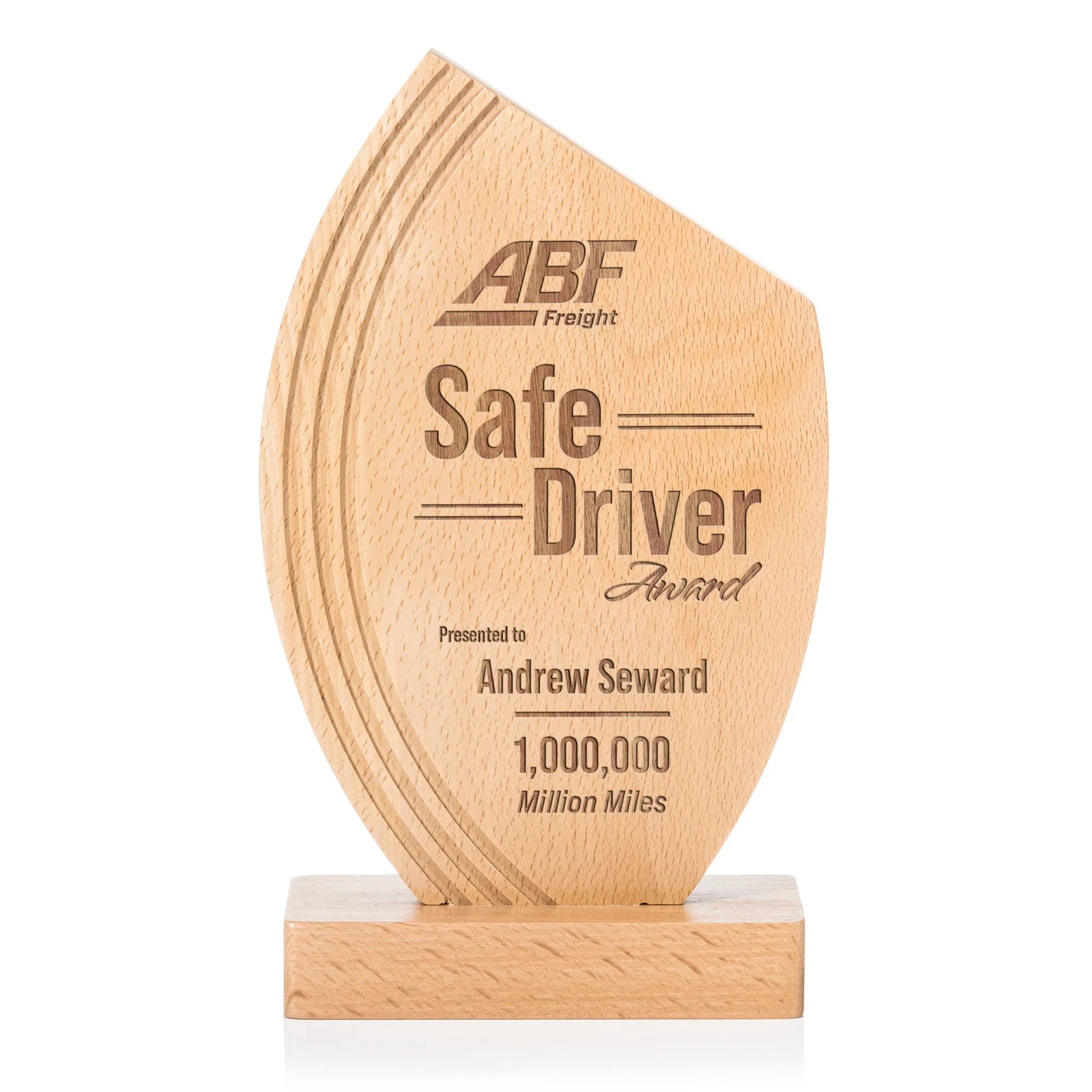 Custom Beechwood Award with Curved Grooves Toward a Right-Facing Peak for sales achievement awards