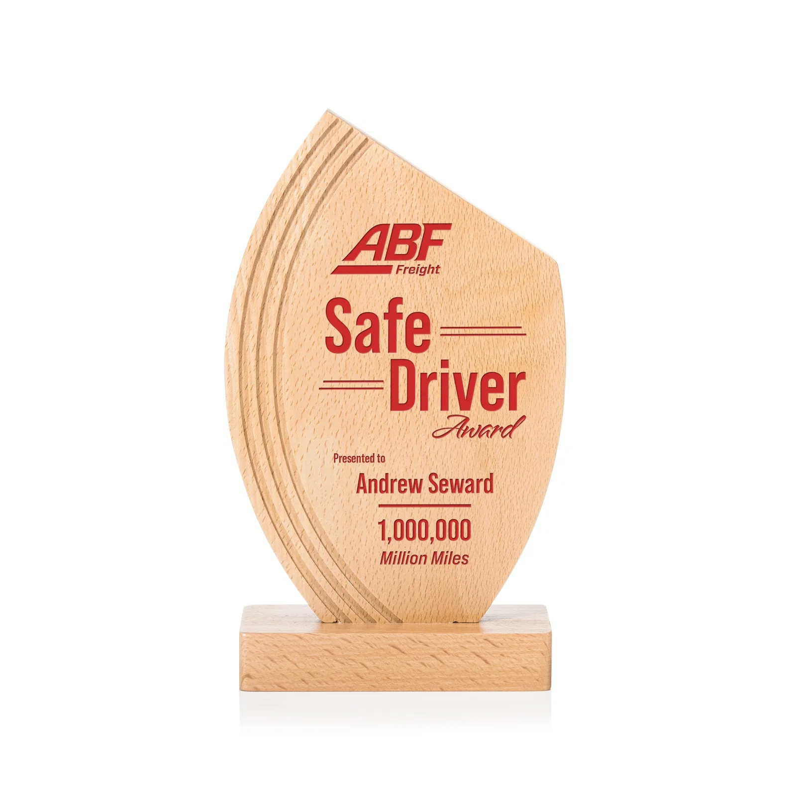 Custom Beechwood Award with Curved Grooves Toward a Right-Facing Peak for team milestone celebrations