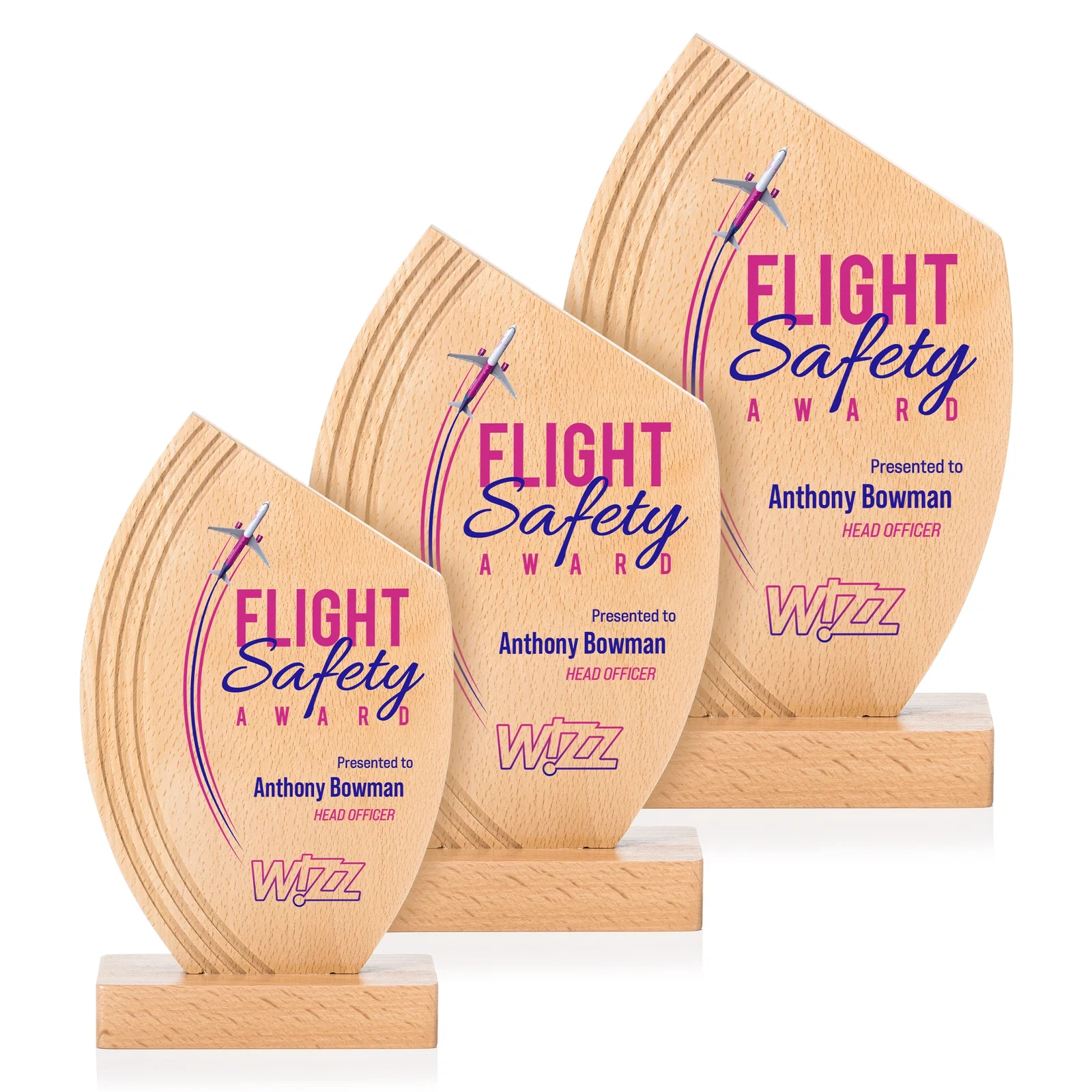 Custom Beechwood Award with Curved Grooves Toward a Right-Facing Peak for safety achievement programs
