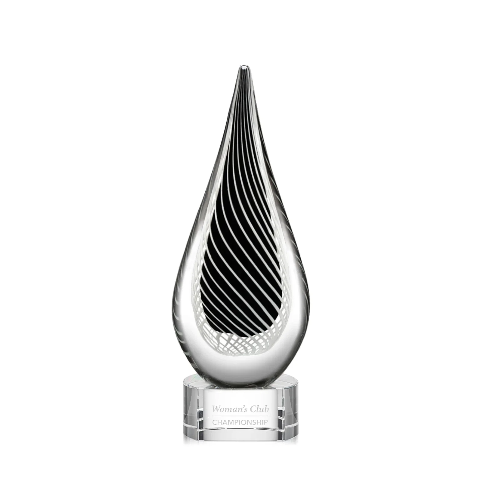 Custom Glass Teardrop Award With Black Core, White Swirl Wrap for corporate award ceremonies