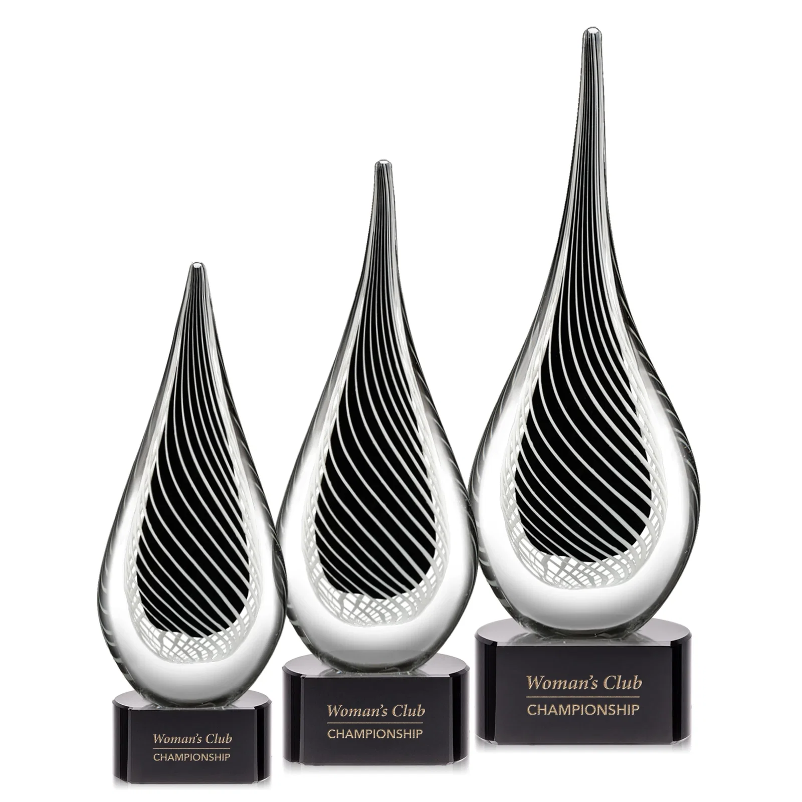 Custom Glass Teardrop Award With Black Core, White Swirl Wrap for retirement presentations