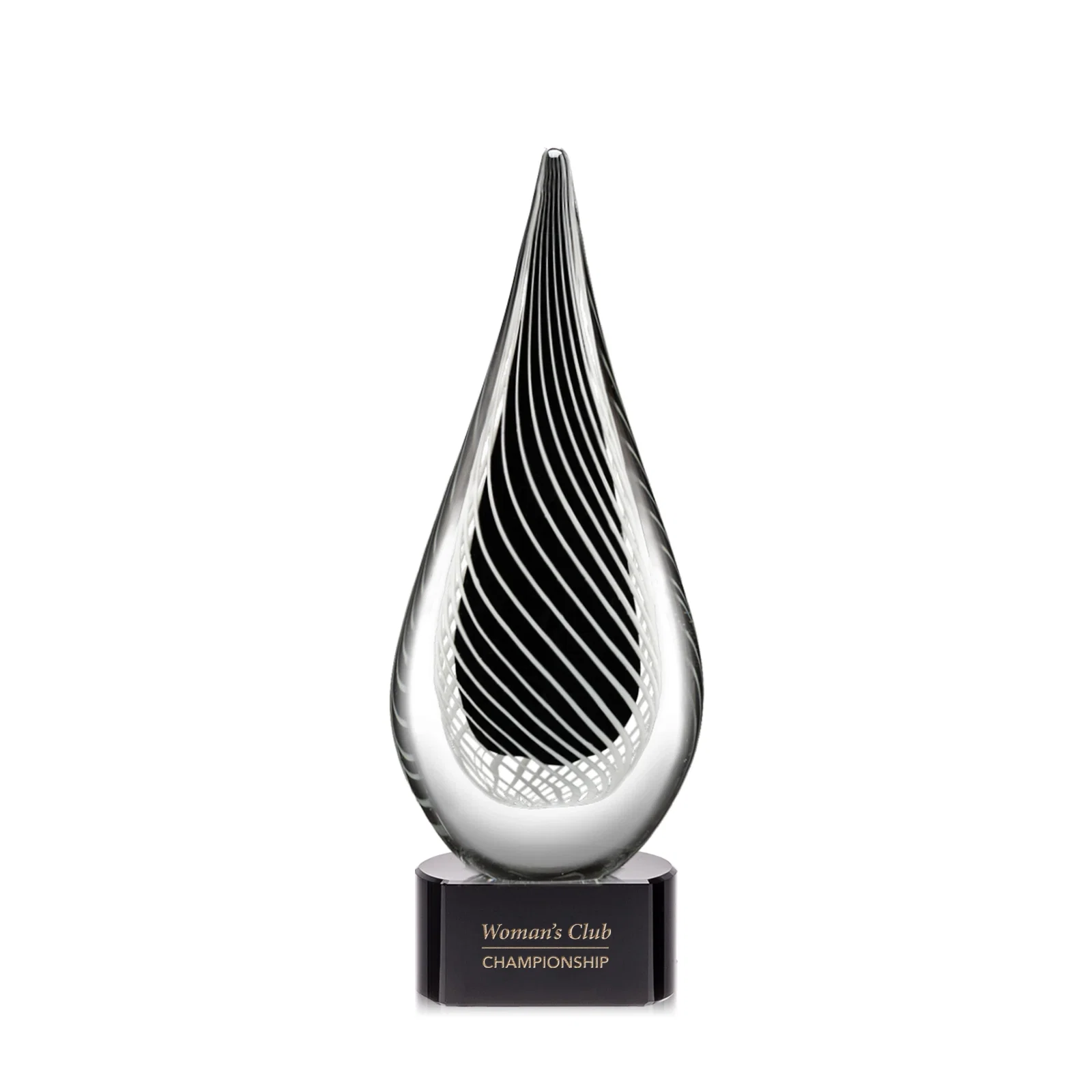 Custom Glass Teardrop Award With Black Core, White Swirl Wrap for team milestone celebrations