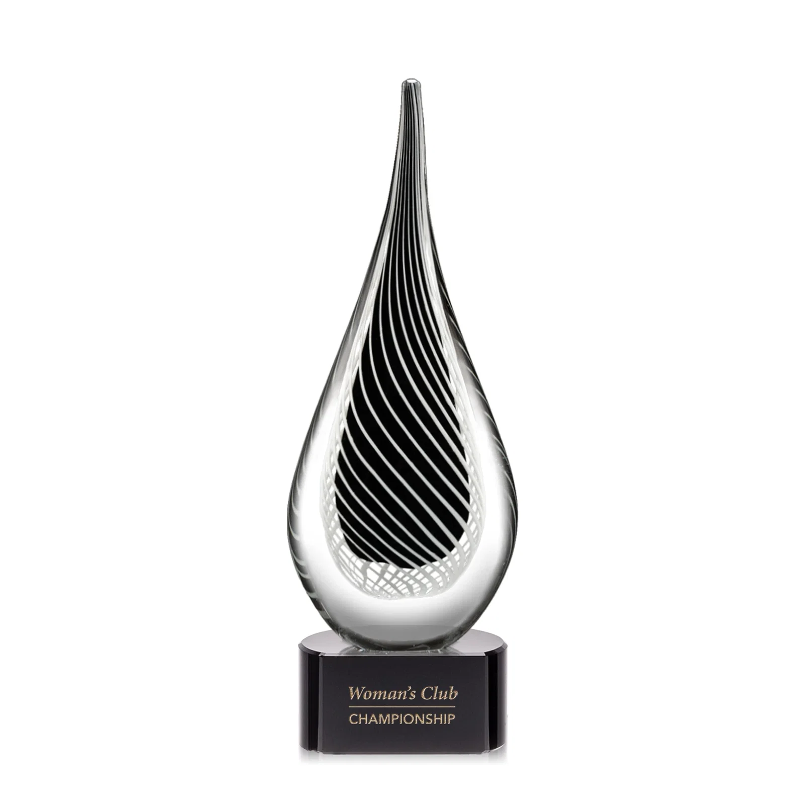 Custom Glass Teardrop Award With Black Core, White Swirl Wrap for donor appreciation