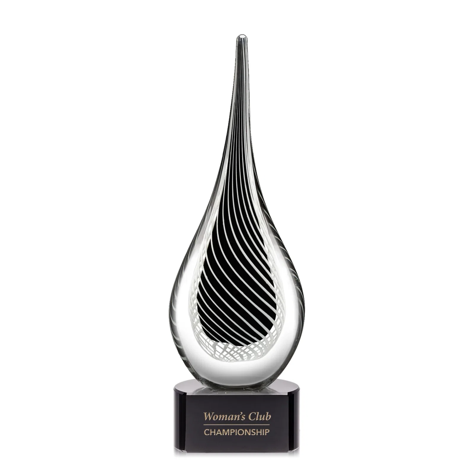 Custom Glass Teardrop Award With Black Core, White Swirl Wrap for graduation ceremonies