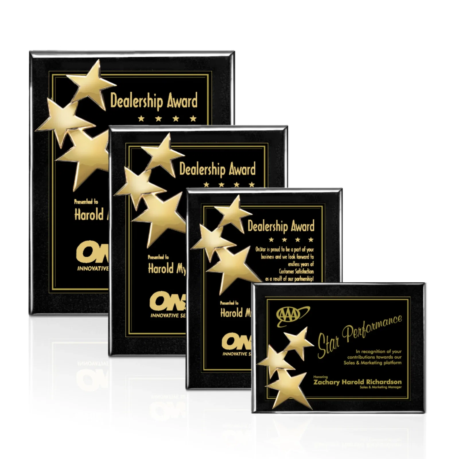 Custom Wood-Tone Wall Plaque with Constellation of Three Stars for employee recognition