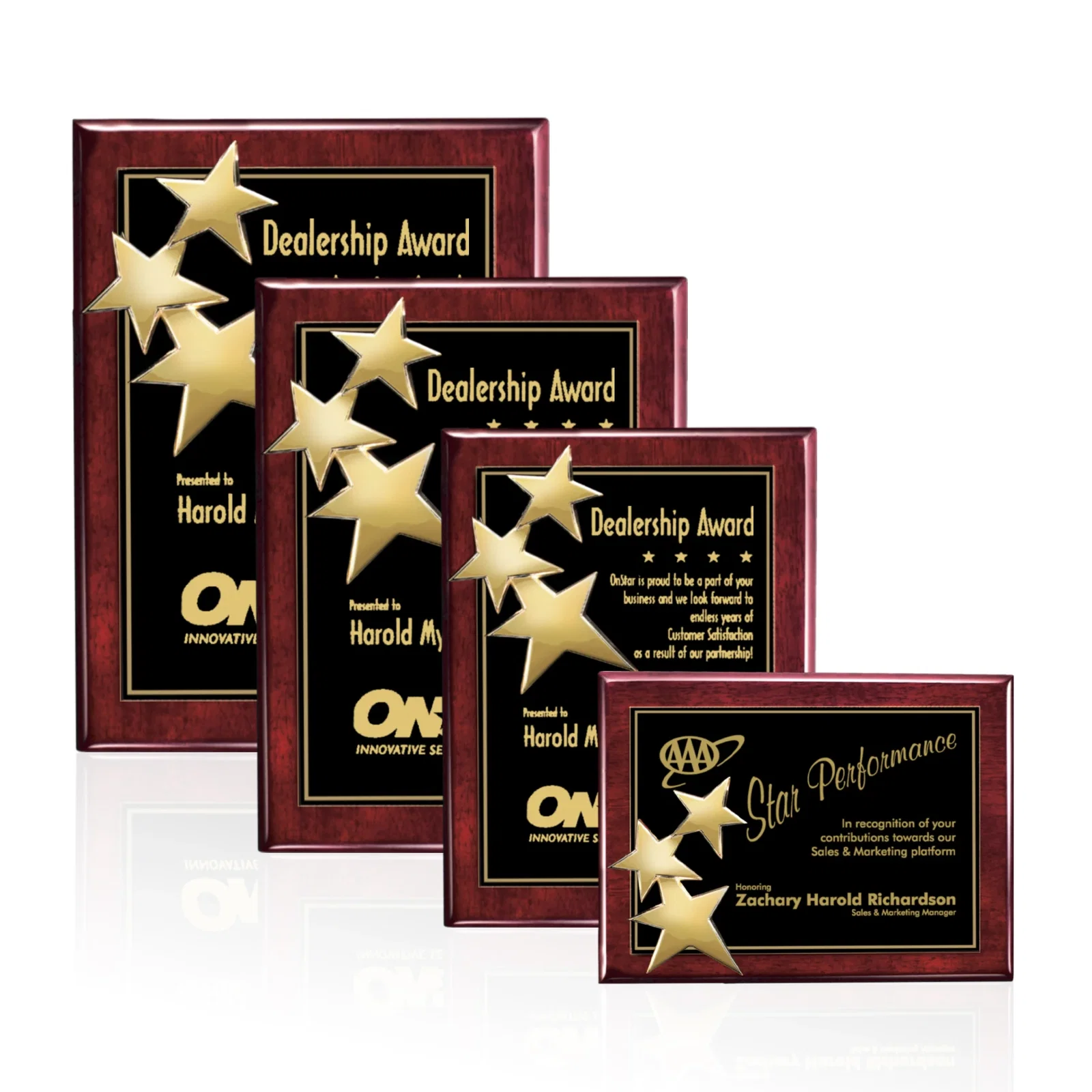Custom Wood-Tone Wall Plaque with Constellation of Three Stars for dealer and partner awards