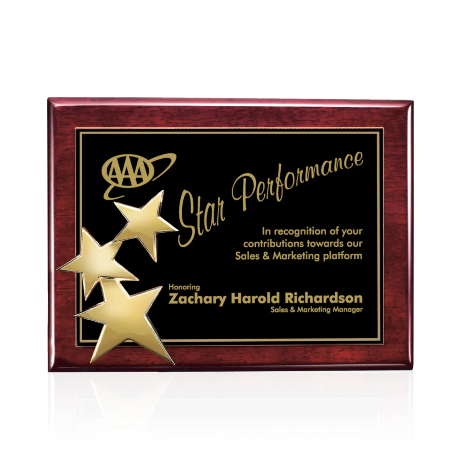 Custom Wood-Tone Wall Plaque with Constellation of Three Stars for company anniversary events