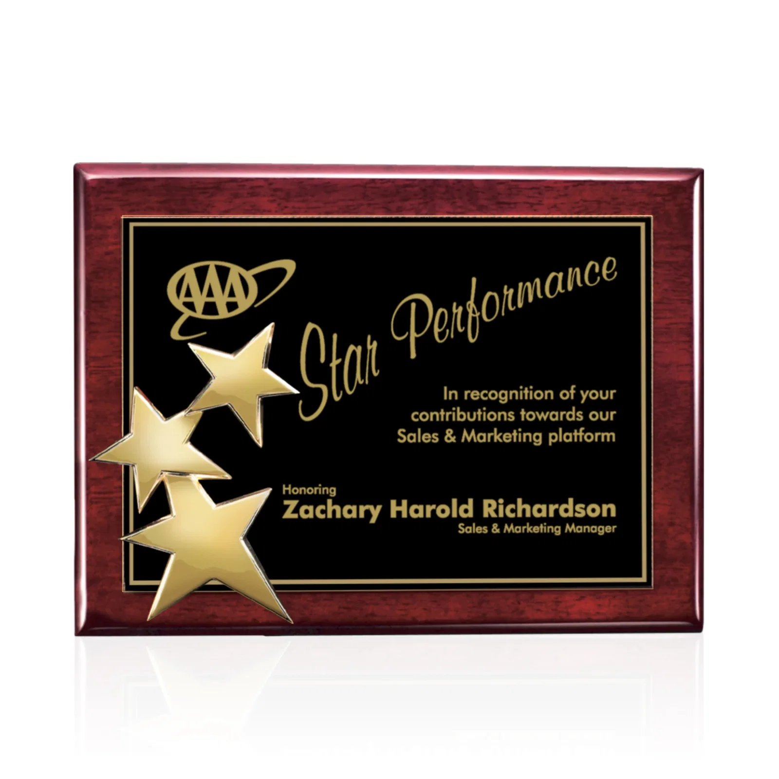 Personalized Wood-Tone Wall Plaque with Constellation of Three Stars for employee recognition