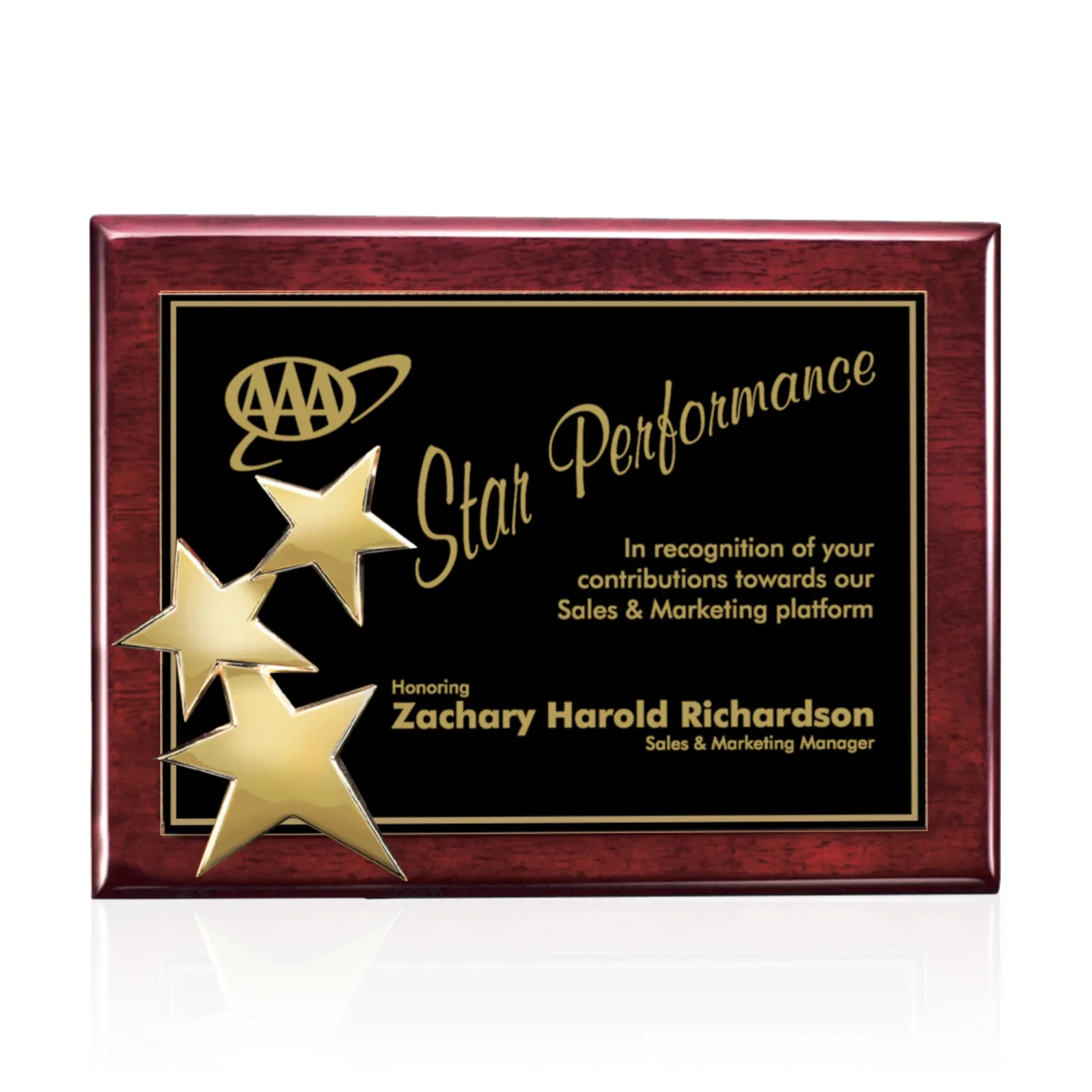 Personalized Wood-Tone Wall Plaque with Constellation of Three Stars for corporate award ceremonies