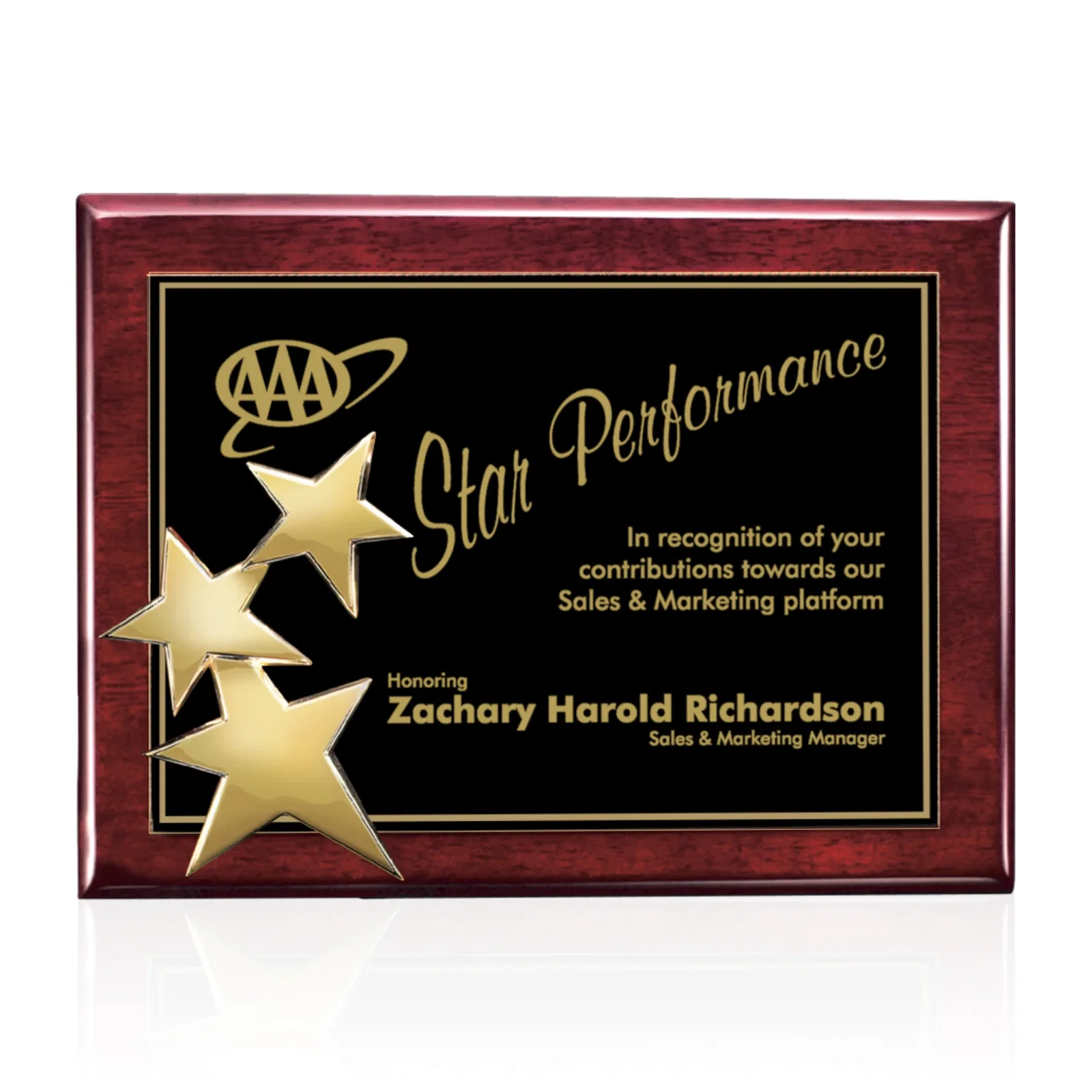 Personalized Wood-Tone Wall Plaque with Constellation of Three Stars for service anniversary gifts