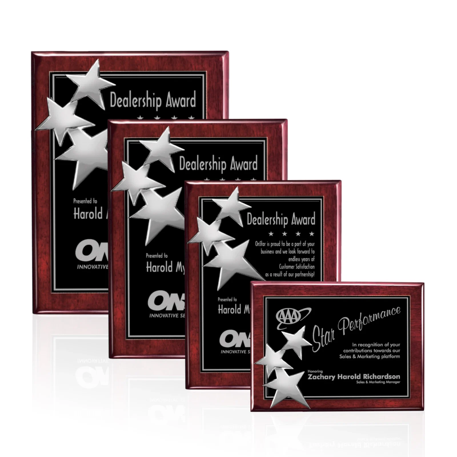 Personalized Wood-Tone Wall Plaque with Constellation of Three Stars for sales achievement awards