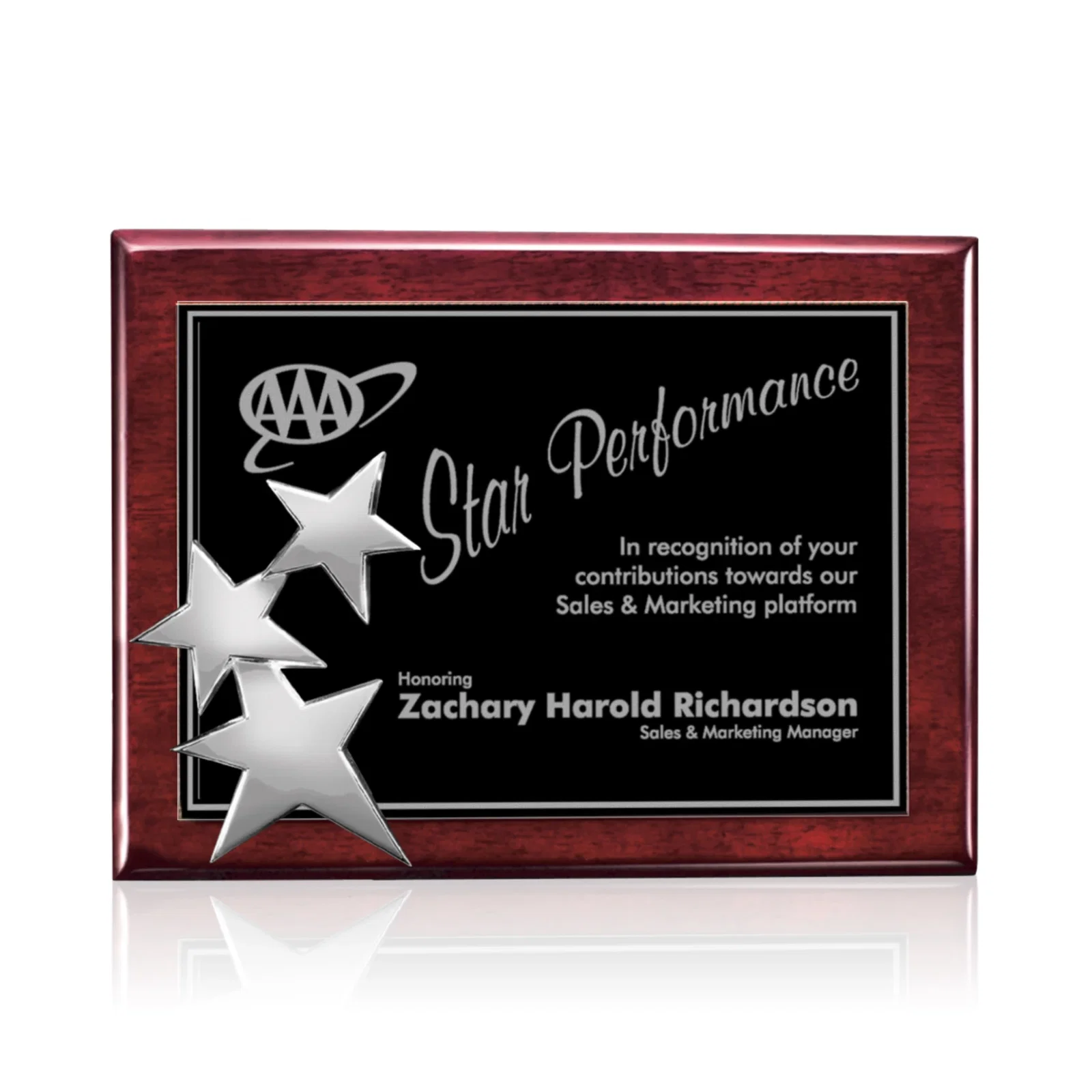 Personalized Wood-Tone Wall Plaque with Constellation of Three Stars for retirement presentations