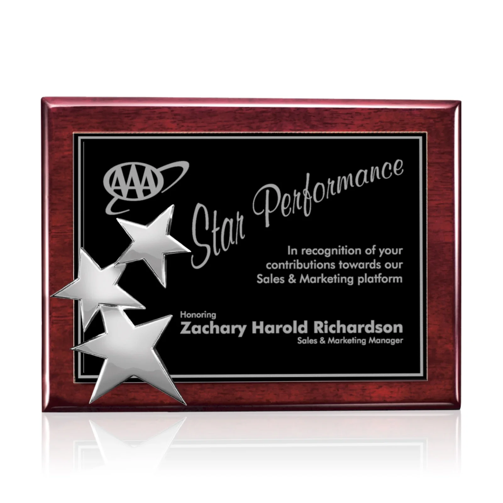 Personalized Wood-Tone Wall Plaque with Constellation of Three Stars for donor appreciation