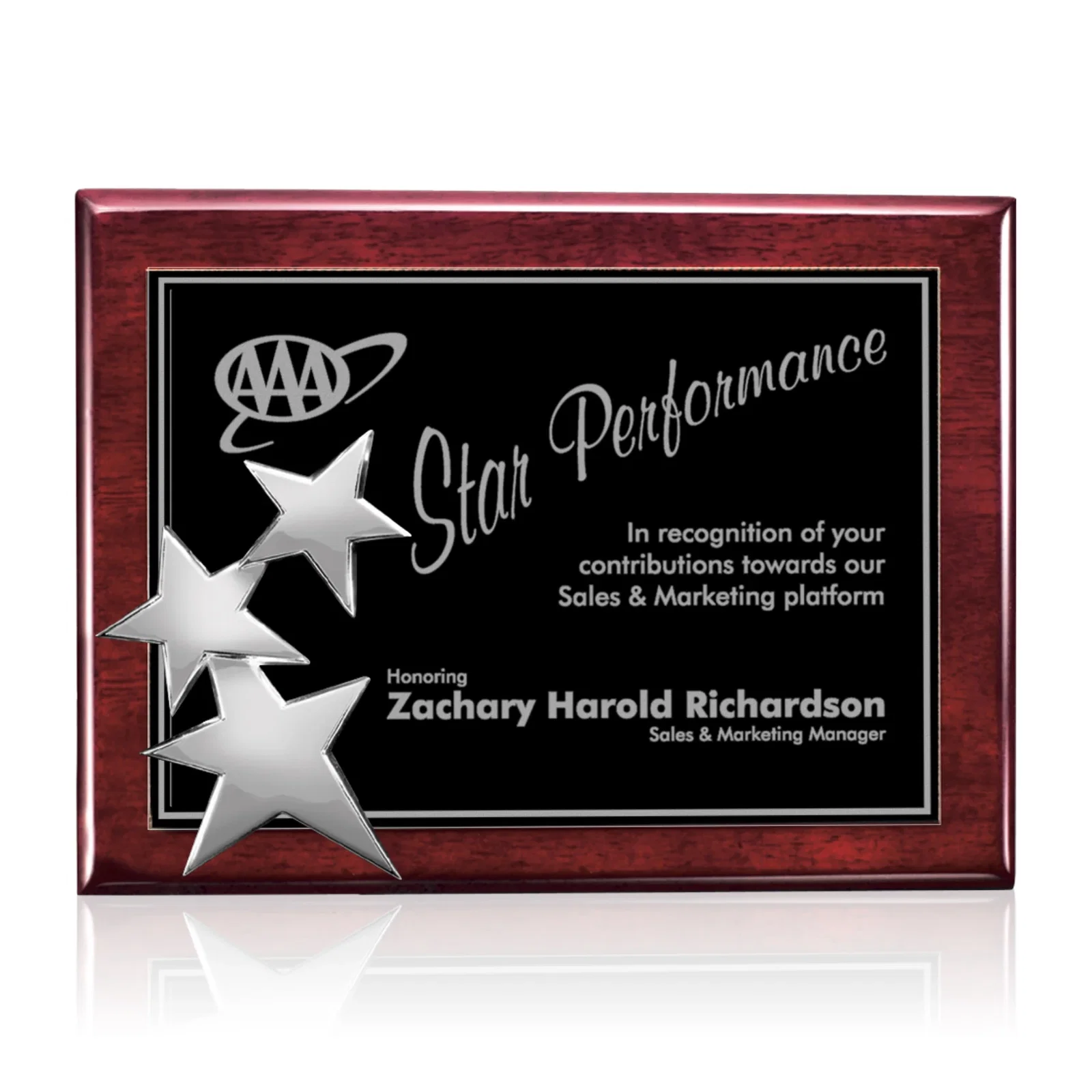 Personalized Wood-Tone Wall Plaque with Constellation of Three Stars for graduation ceremonies