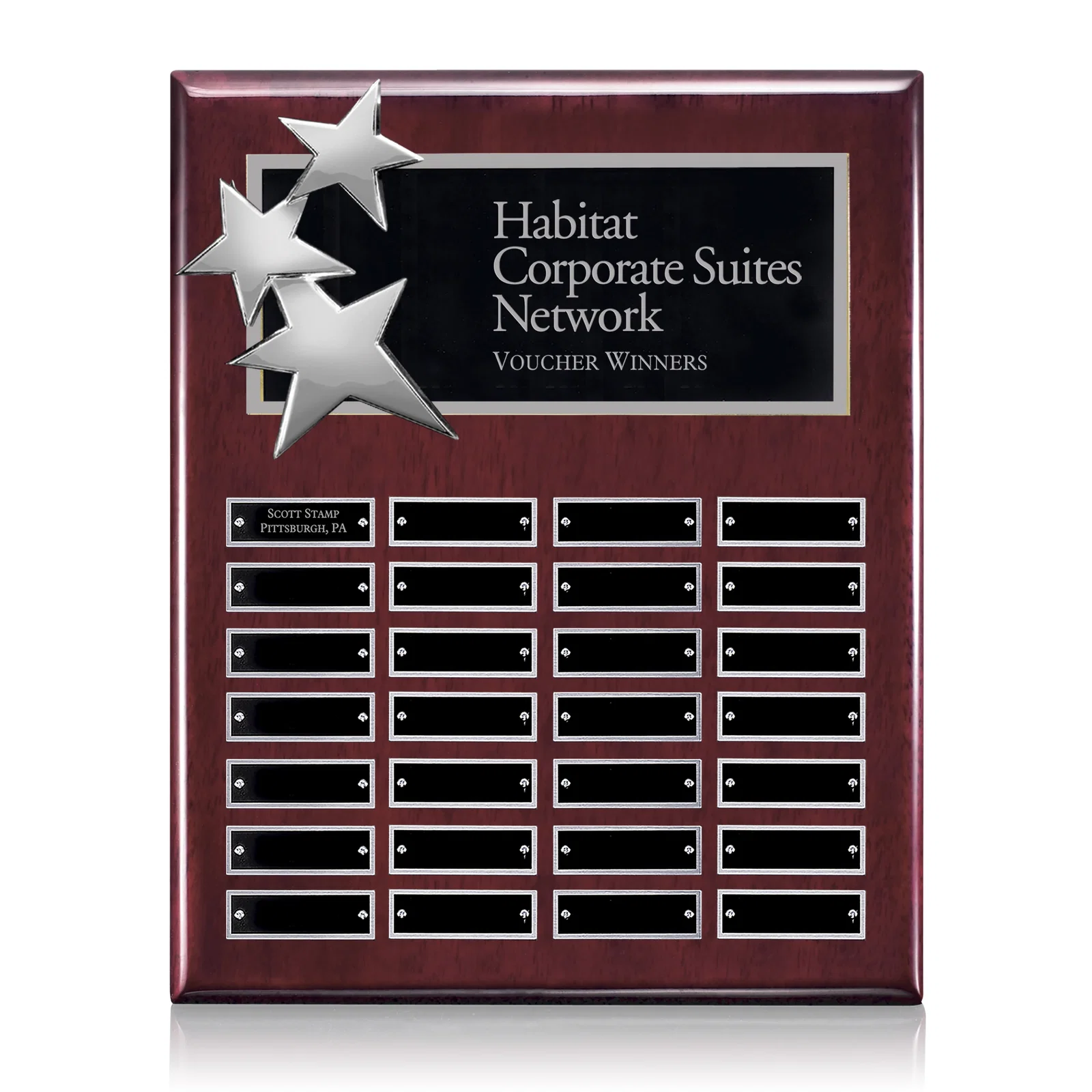 Custom Piano Finish Plaque With Three Constellation Stars, Tiered Plates for sales achievement awards