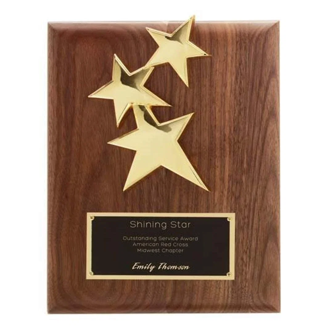 Custom Gold Star Wall Plaque on American Walnut With Brass Plate for employee recognition