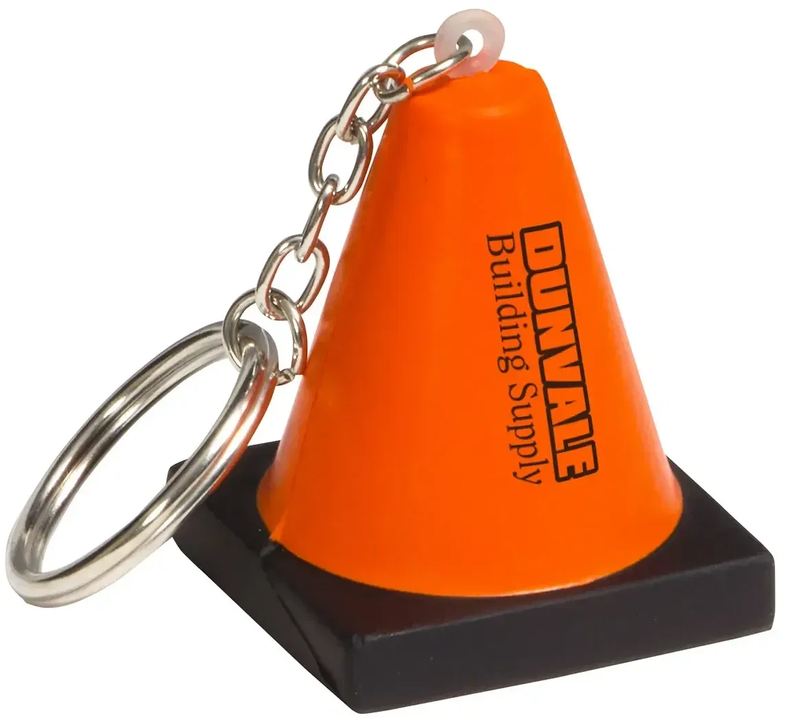Orange traffic cone stress reliever keychain, branded squeeze toy with custom logo clip for keys