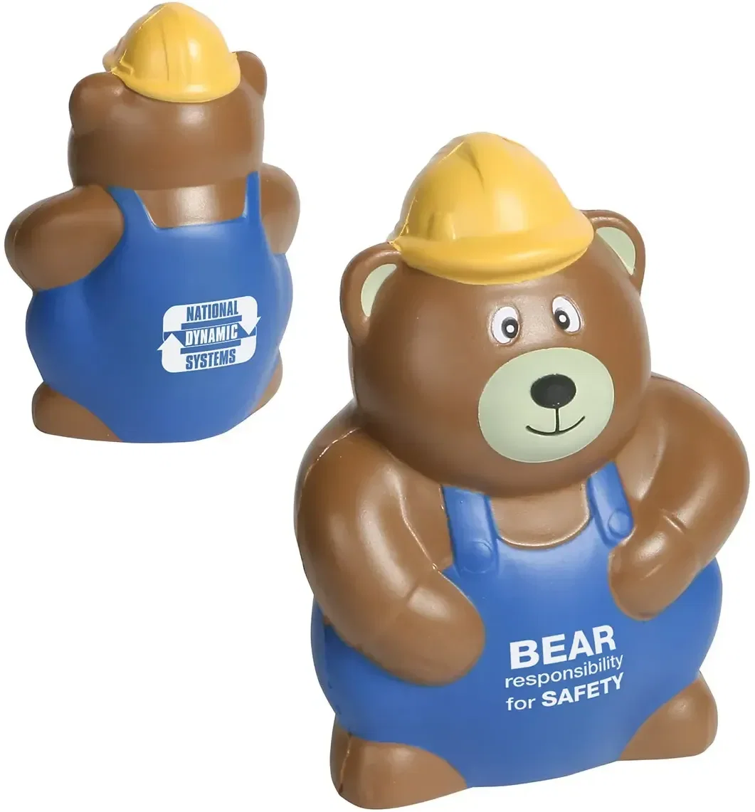 Construction Worker Bear Stress Reliever, custom hard-hat bear foam squeeze toy for branded logo giveaways