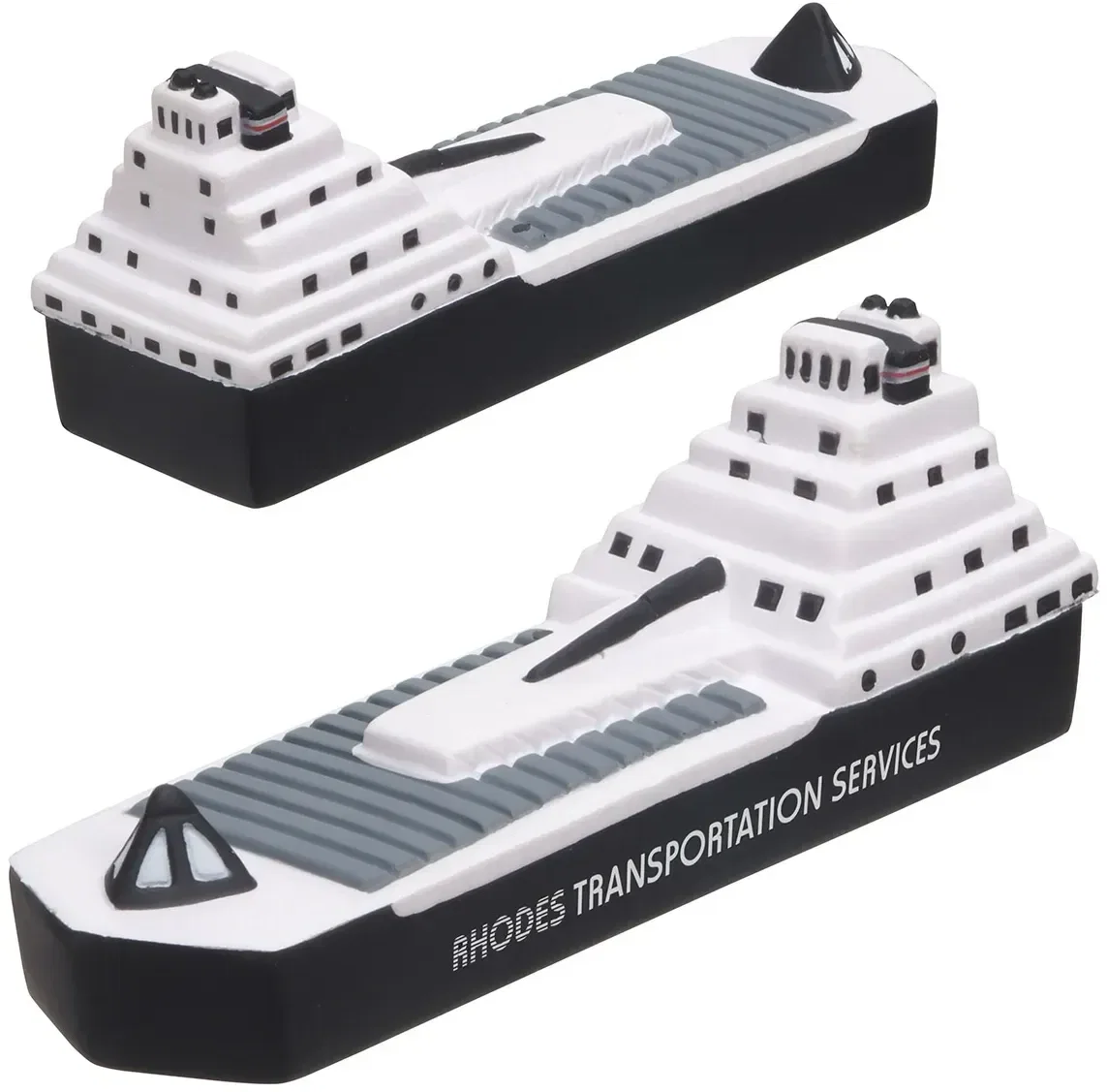 Container ship-shaped promotional stress ball for custom logo branding, front view